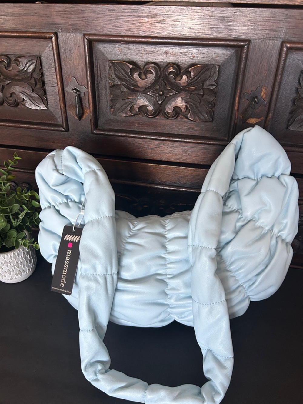 Massmode Light Blue Quilted Ruched Shoulder Bag - Picture 3 of 12